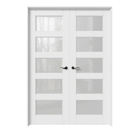 CRUTOP 5-Lite Frosted Glass White Solid Core Double Prehung French Door with Ready-to-Assemble Jamb,Black Hardware Prehung