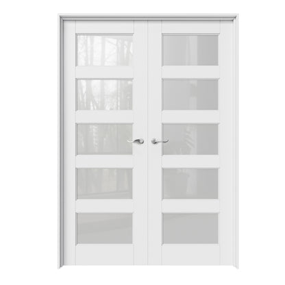 CRUTOP 5-Lite Frosted Glass White Solid Core Double Prehung French Door with Ready-to-Assemble Jamb, Silver Hardware Prehung