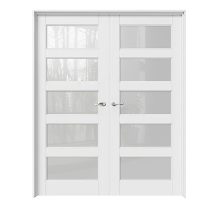CRUTOP 5-Lite Frosted Glass White Solid Core Double Prehung French Door with Ready-to-Assemble Jamb, Silver Hardware Prehung