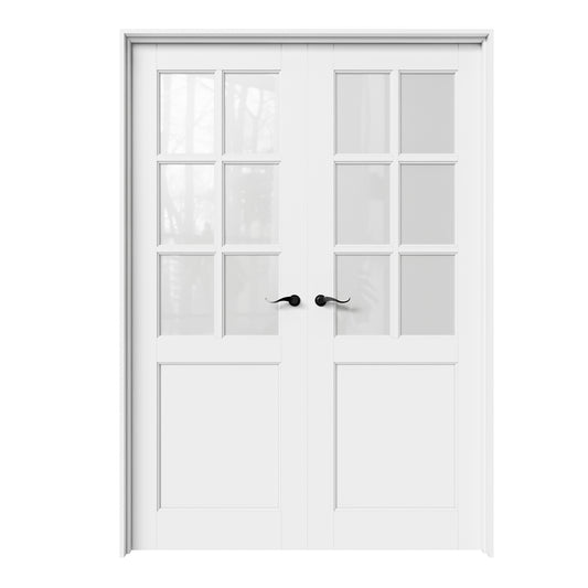 CRUTOP 6-Lite Frosted Glass White Solid Core Double Prehung French Door with Ready-to-Assemble Jamb,Black Hardware Prehung