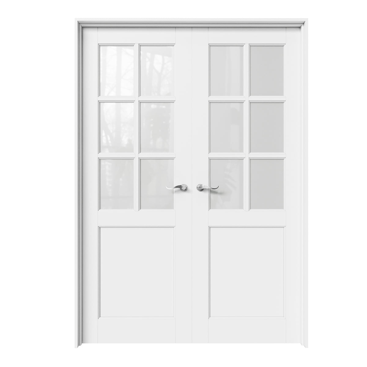 CRUTOP 6-Lite Frosted Glass White Solid Core Double Prehung French Door with Ready-to-Assemble Jamb, Silver Hardware Prehung