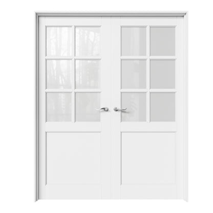 CRUTOP 6-Lite Frosted Glass White Solid Core Double Prehung French Door with Ready-to-Assemble Jamb, Silver Hardware Prehung