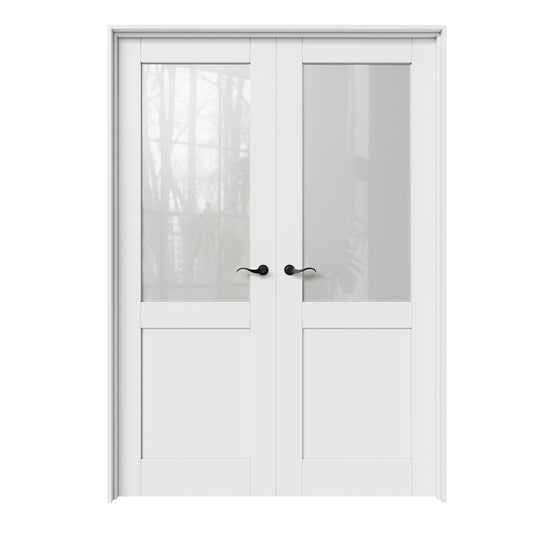 CRUTOP Half-Lite Frosted Glass White Solid Core Double Prehung French Door with Ready-to-Assemble Jamb,Black Hardware Prehung