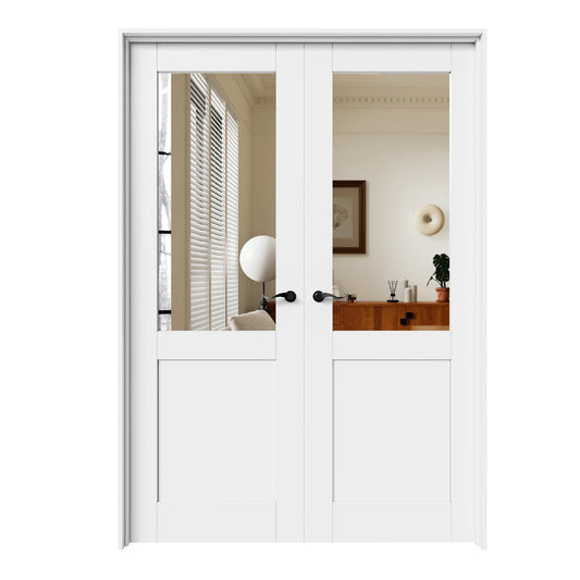CRUTOP Half-Lite Mirror White Solid Core Double Prehung French Door with Ready-to-Assemble Jamb,Black Hardware Prehung