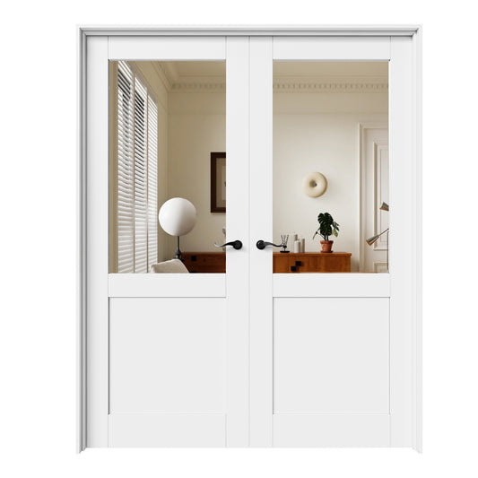 CRUTOP Half-Lite Mirror White Solid Core Double Prehung French Door with Ready-to-Assemble Jamb,Black Hardware Prehung