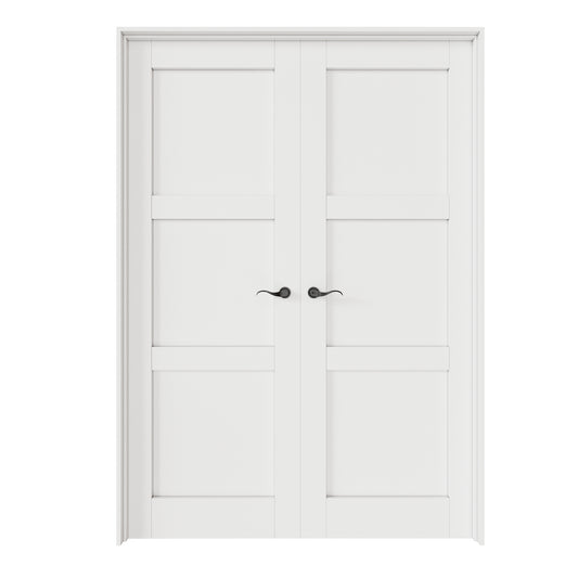 CRUTOP 3-Lite Panel White Solid Core Double Prehung French Door with Ready-to-Assemble Jamb,Black Hardware Prehung