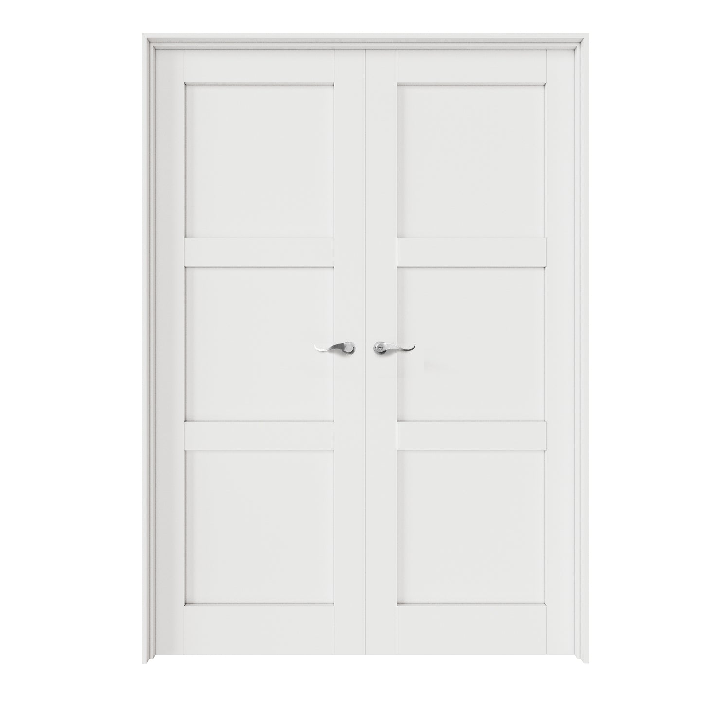 CRUTOP 3-Lite Molded Panel White Solid Core Double Prehung French Door with Ready-to-Assemble Jamb, Silver Hardware Prehung