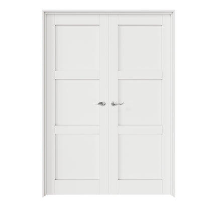 CRUTOP 3-Lite Molded Panel White Solid Core Double Prehung French Door with Ready-to-Assemble Jamb, Silver Hardware Prehung