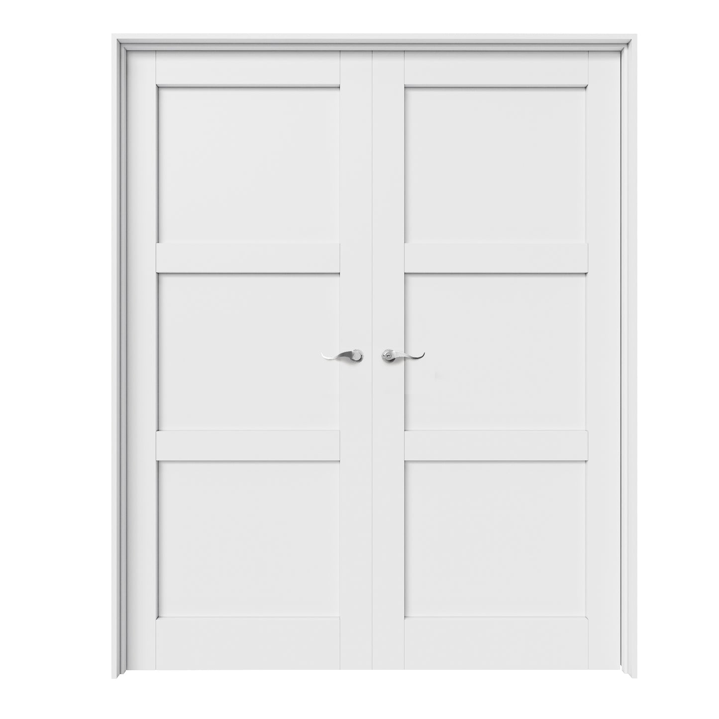 CRUTOP 3-Lite Molded Panel White Solid Core Double Prehung French Door with Ready-to-Assemble Jamb, Silver Hardware Prehung