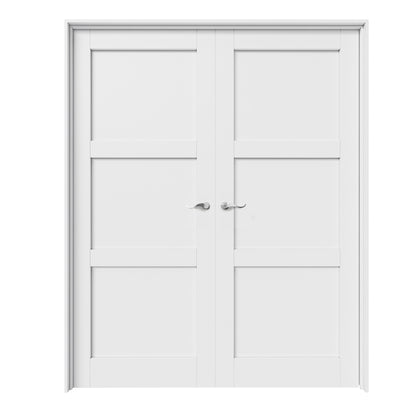 CRUTOP 3-Lite Molded Panel White Solid Core Double Prehung French Door with Ready-to-Assemble Jamb, Silver Hardware Prehung
