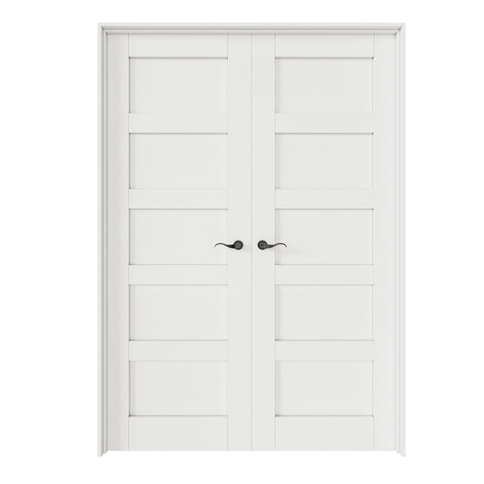 CRUTOP 5-Lite Panel White Solid Core Double Prehung French Door with Ready-to-Assemble Jamb,Black Hardware Prehung