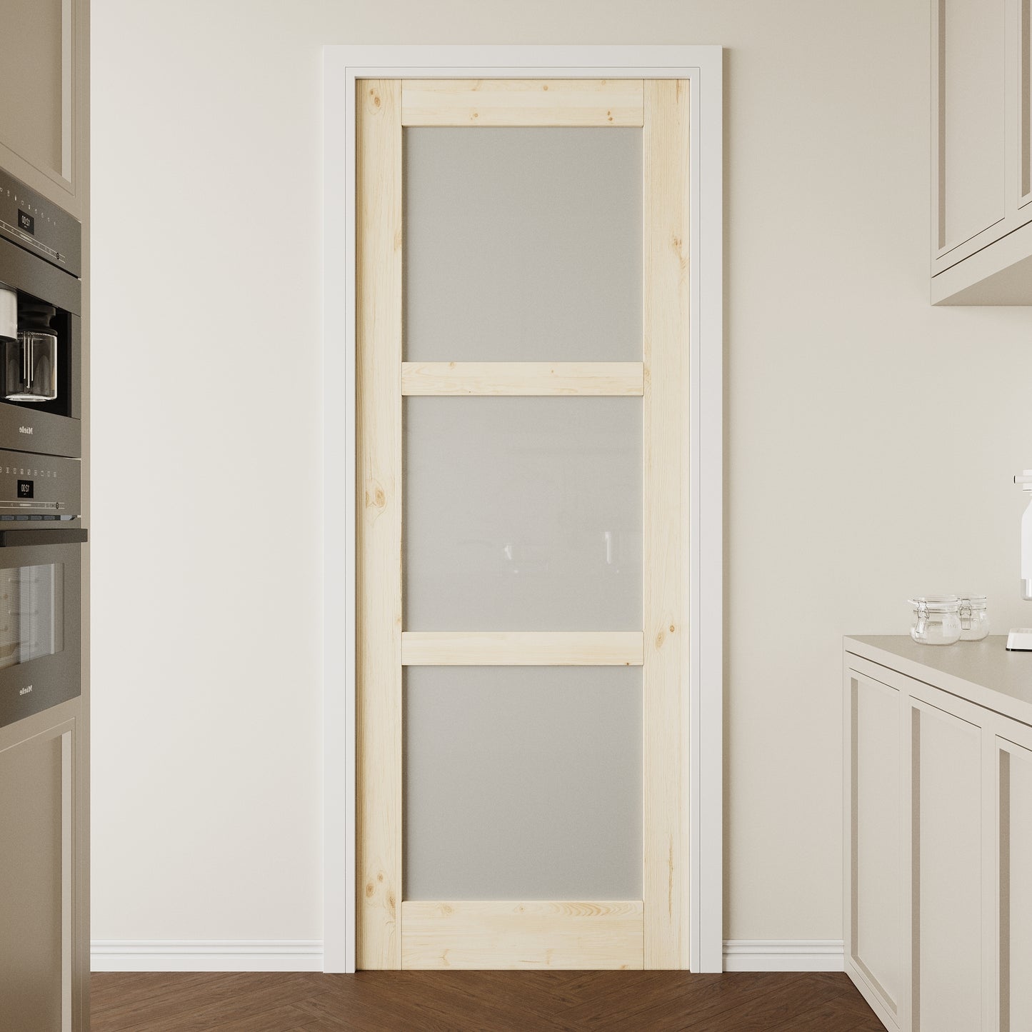 CRUTOP 3-Lite Frosted Glass Pine Wood Interior Slab Door with/without Prehung Kit, Paintable, Unfinished