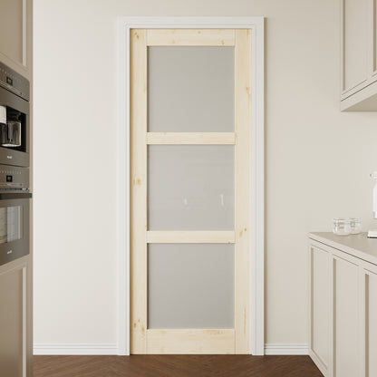 CRUTOP 3-Lite Frosted Glass Pine Wood Interior Slab Door with/without Prehung Kit, Paintable, Unfinished