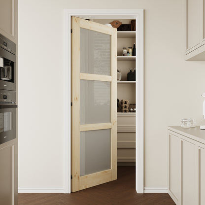 CRUTOP 3-Lite Frosted Glass Pine Wood Interior Slab Door with/without Prehung Kit, Paintable, Unfinished