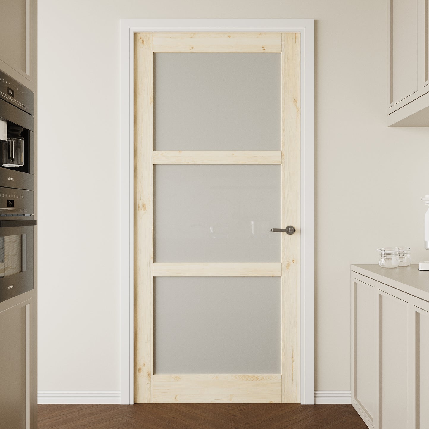 CRUTOP 3-Lite Frosted Glass Pine Wood Interior Slab Door with/without Prehung Kit, Paintable, Unfinished