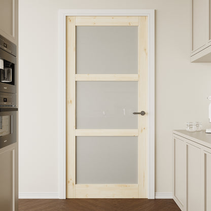 CRUTOP 3-Lite Frosted Glass Pine Wood Interior Slab Door with/without Prehung Kit, Paintable, Unfinished