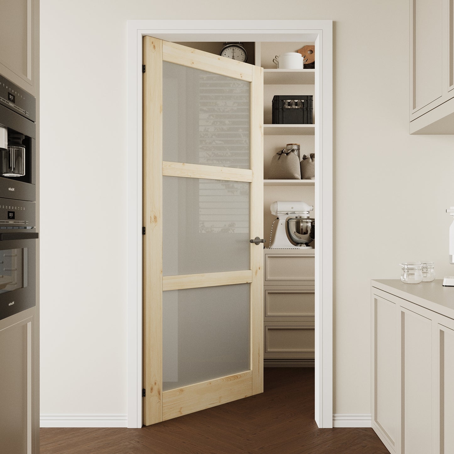 CRUTOP 3-Lite Frosted Glass Pine Wood Interior Slab Door with/without Prehung Kit, Paintable, Unfinished