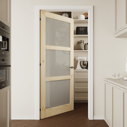 CRUTOP 3-Lite Frosted Glass Pine Wood Interior Slab Door with/without Prehung Kit, Paintable, Unfinished