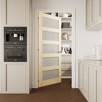 CRUTOP 5-Lite Frosted Glass Pine Wood Interior Slab Door with/without Prehung Kit, Paintable, Unfinished