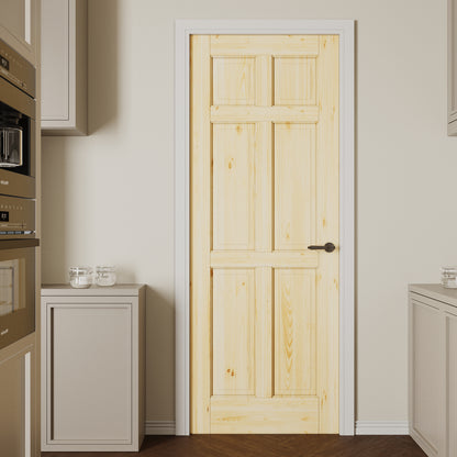 CRUTOP 6-Panel Solid Core Panel Pine Wood Interior Slab Door with/without Prehung Kit, Paintable, Unfinished