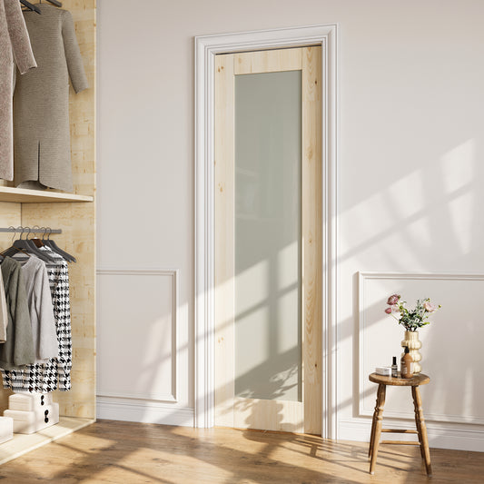 CRUTOP 1-Lite Tempered Frosted Glass Pocket Door, Pine Wood Interior Sliding Doors with Hardware Kit & Soft Close & Frame, Solid Pine Wood & Unfinished Paintable Surface