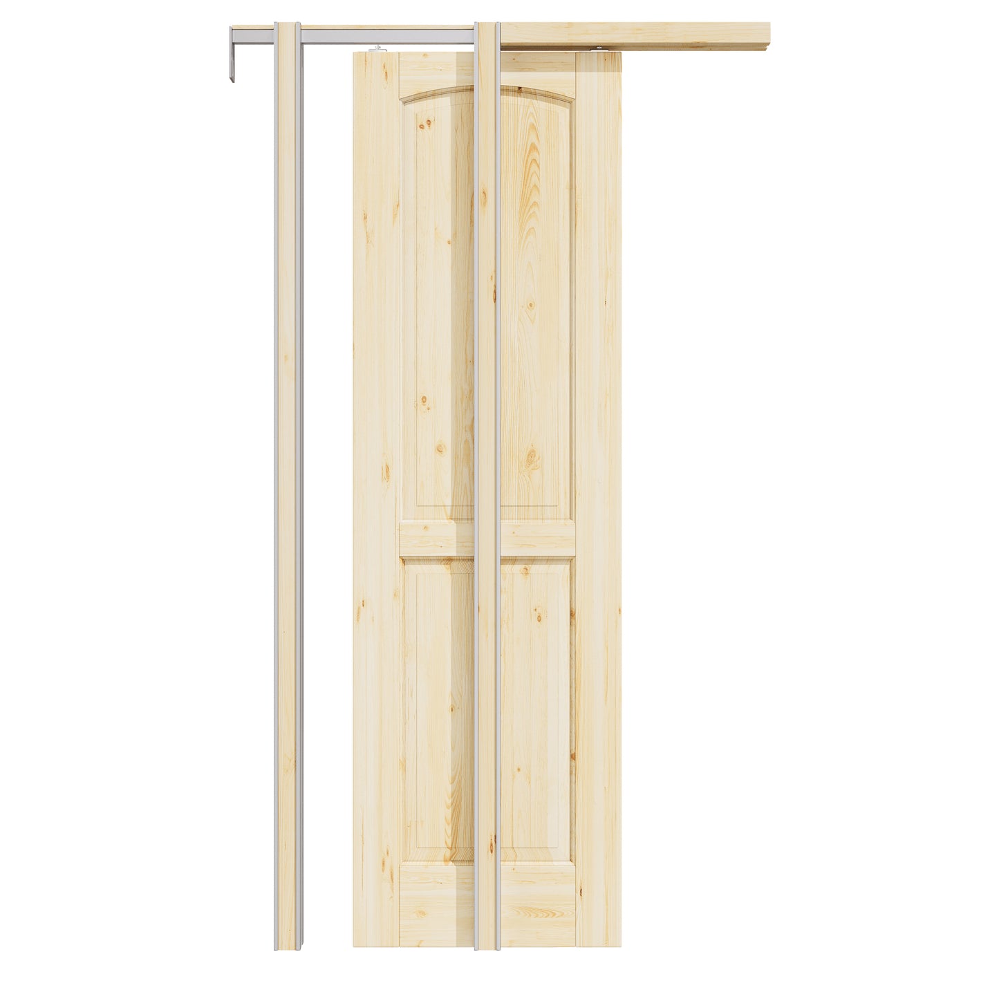CRUTOP 2-Panel Arch Top Solid Pine Wood Panel Pocket Door, Pine Wood Interior Sliding Doors with Hardware Kit & Soft Close & Frame, Solid Pine Wood & Unfinished Paintable Surface