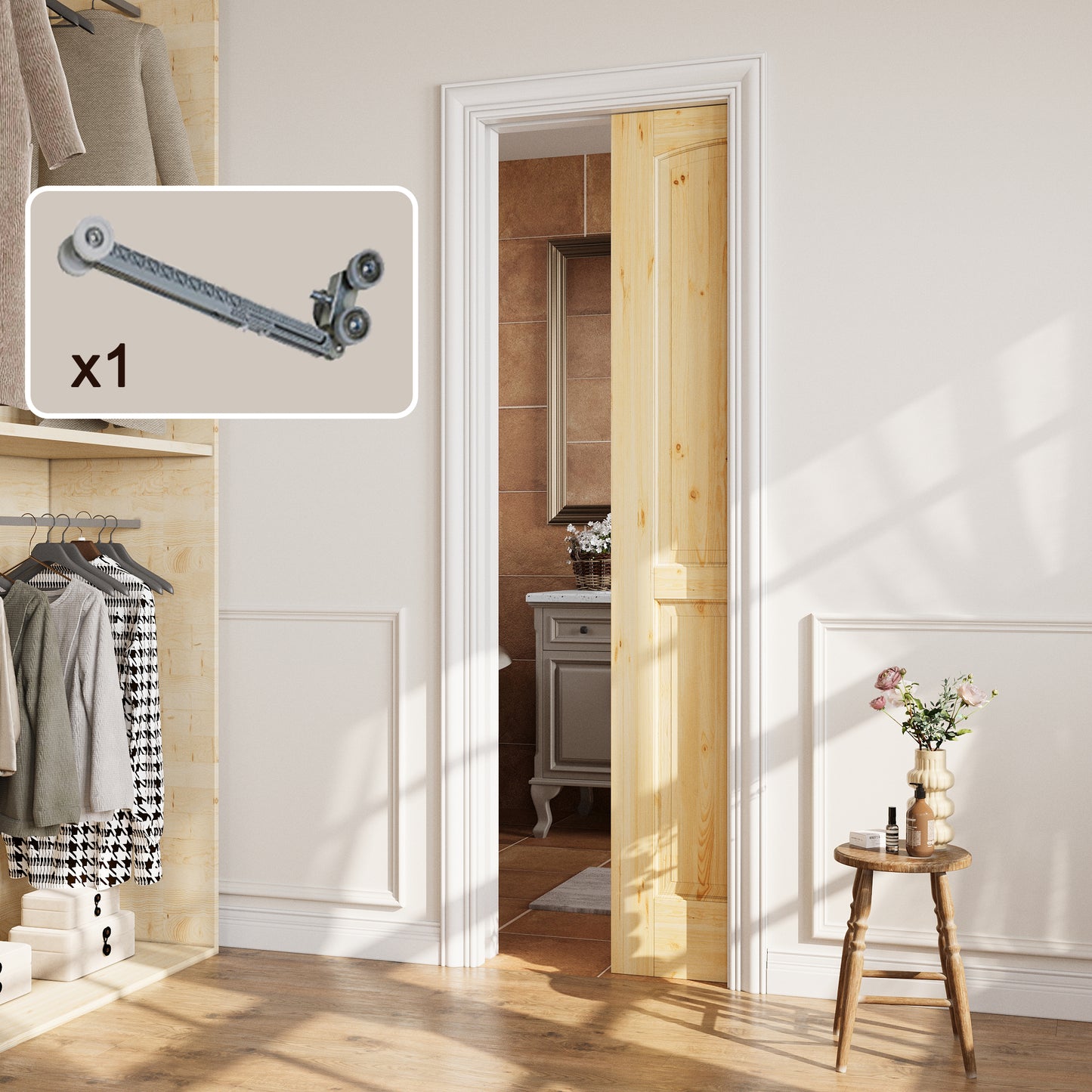 CRUTOP 2-Panel Arch Top Solid Pine Wood Panel Pocket Door, Pine Wood Interior Sliding Doors with Hardware Kit & Soft Close & Frame, Solid Pine Wood & Unfinished Paintable Surface