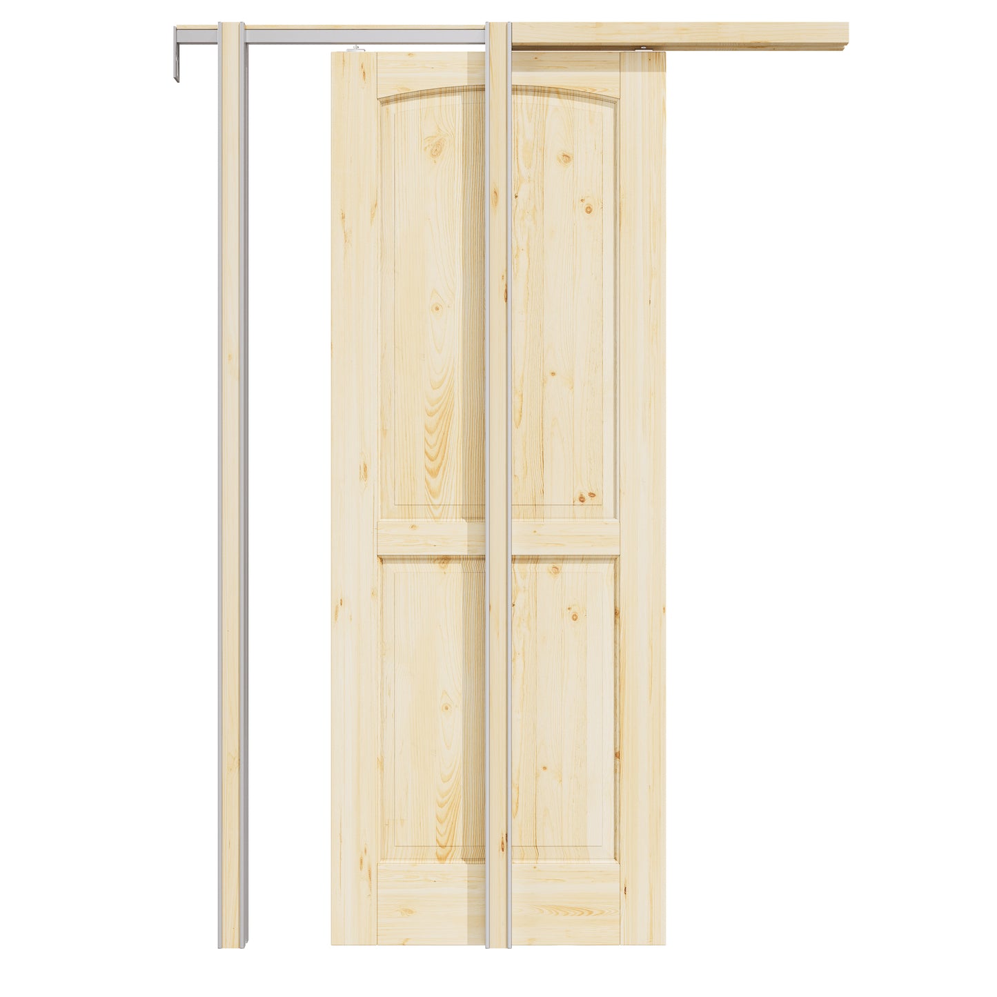 CRUTOP 2-Panel Arch Top Solid Pine Wood Panel Pocket Door, Pine Wood Interior Sliding Doors with Hardware Kit & Soft Close & Frame, Solid Pine Wood & Unfinished Paintable Surface