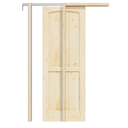 CRUTOP 2-Panel Arch Top Solid Pine Wood Panel Pocket Door, Pine Wood Interior Sliding Doors with Hardware Kit & Soft Close & Frame, Solid Pine Wood & Unfinished Paintable Surface