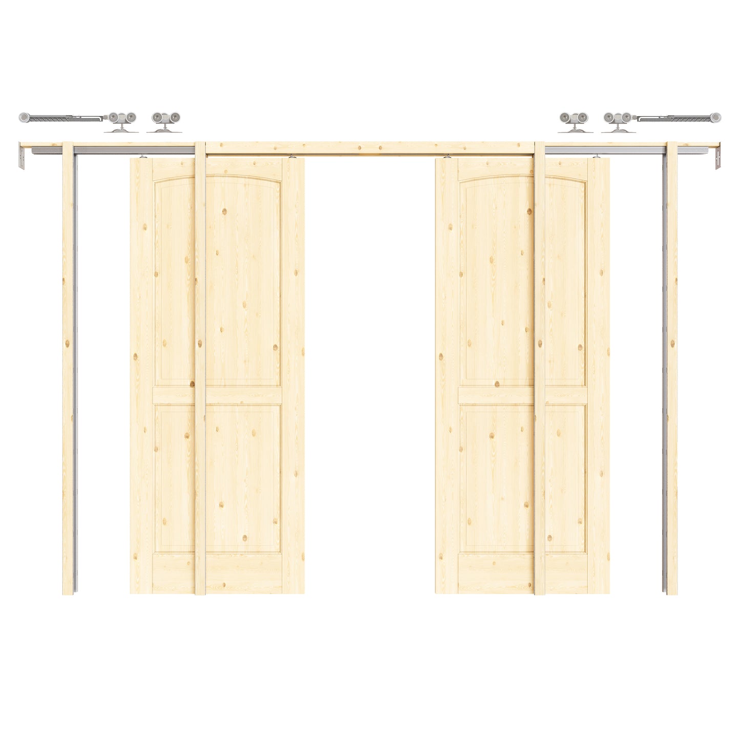 CRUTOP 2-Panel Arch Top Solid Pine Wood Panel Pocket Door, Pine Wood Interior Sliding Doors with Hardware Kit & Soft Close & Frame, Solid Pine Wood & Unfinished Paintable Surface