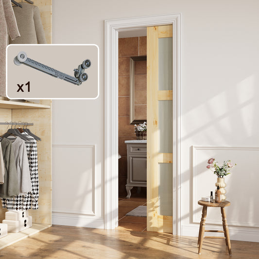 CRUTOP 3-Lite Tempered Frosted Glass Pocket Door, Pine Wood Interior Sliding Doors with Hardware Kit & Soft Close & Frame, Solid Pine Wood & Unfinished Paintable Surface