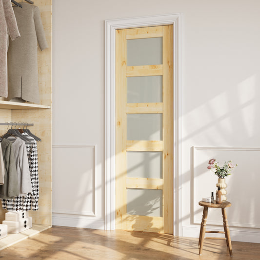 CRUTOP 5-Lite Tempered Frosted Glass Pocket Door, Pine Wood Interior Sliding Doors with Hardware Kit & Soft Close & Frame, Solid Pine Wood & Unfinished Paintable Surface