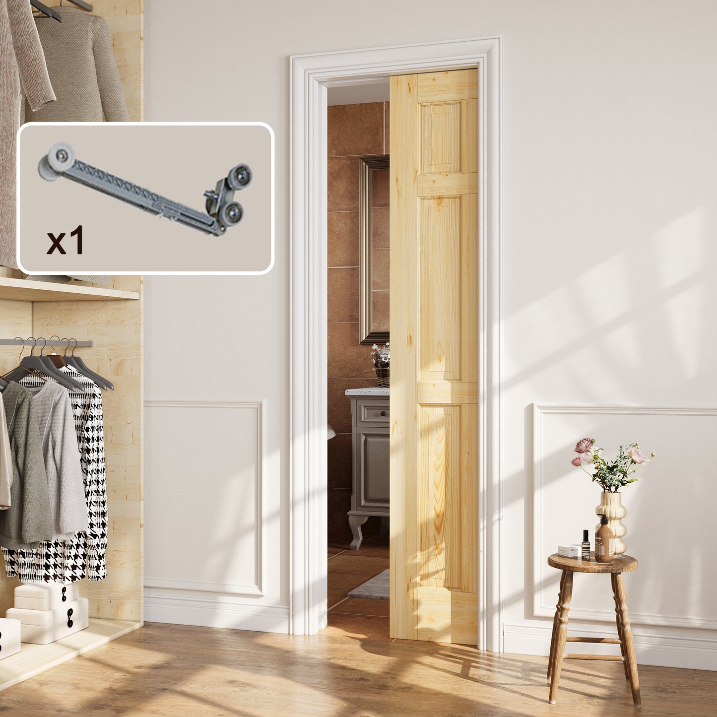 CRUTOP 6-Panel Solid Pine Wood Panel Pocket Door, Pine Wood Interior Sliding Doors with Hardware Kit & Soft Close & Frame, Solid Pine Wood & Unfinished Paintable Surface