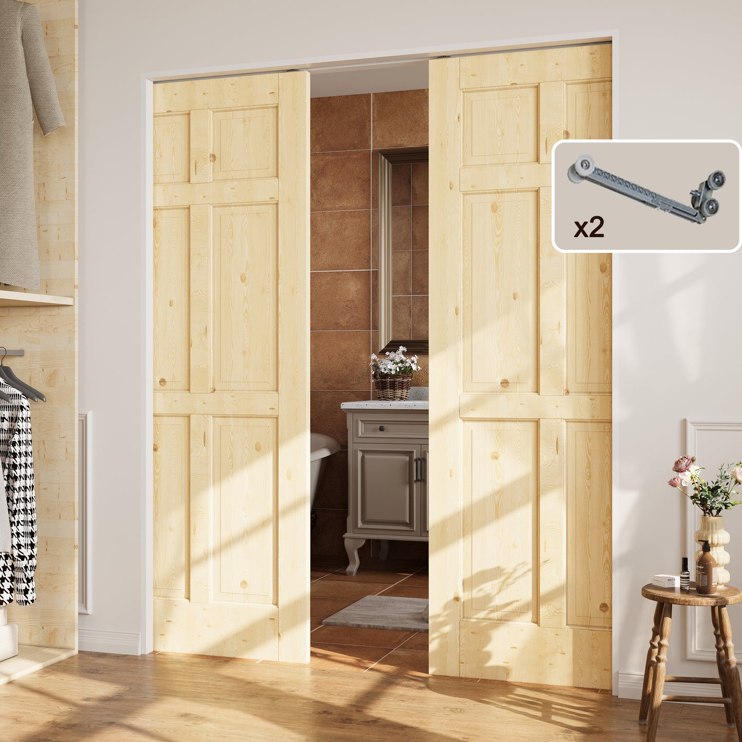 CRUTOP 6-Panel Solid Pine Wood Panel Pocket Door, Pine Wood Interior Sliding Doors with Hardware Kit & Soft Close & Frame, Solid Pine Wood & Unfinished Paintable Surface
