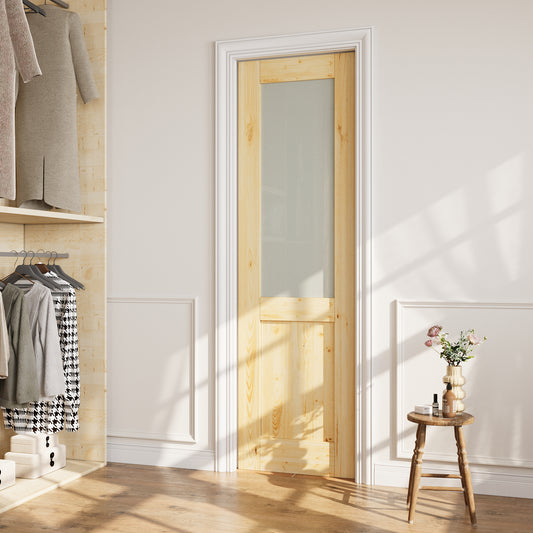 CRUTOP Half-Lite Tempered Frosted Glass Pocket Door, Pine Wood Interior Sliding Doors with Hardware Kit & Soft Close & Frame, Solid Pine Wood & Unfinished Paintable Surface