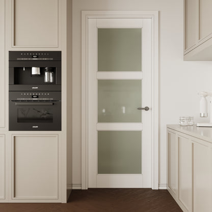 CRUTOP 3-Lite Frosted Glass Interior Slab Door, White Prefinished Door with/without Prehung Kit, Paintable