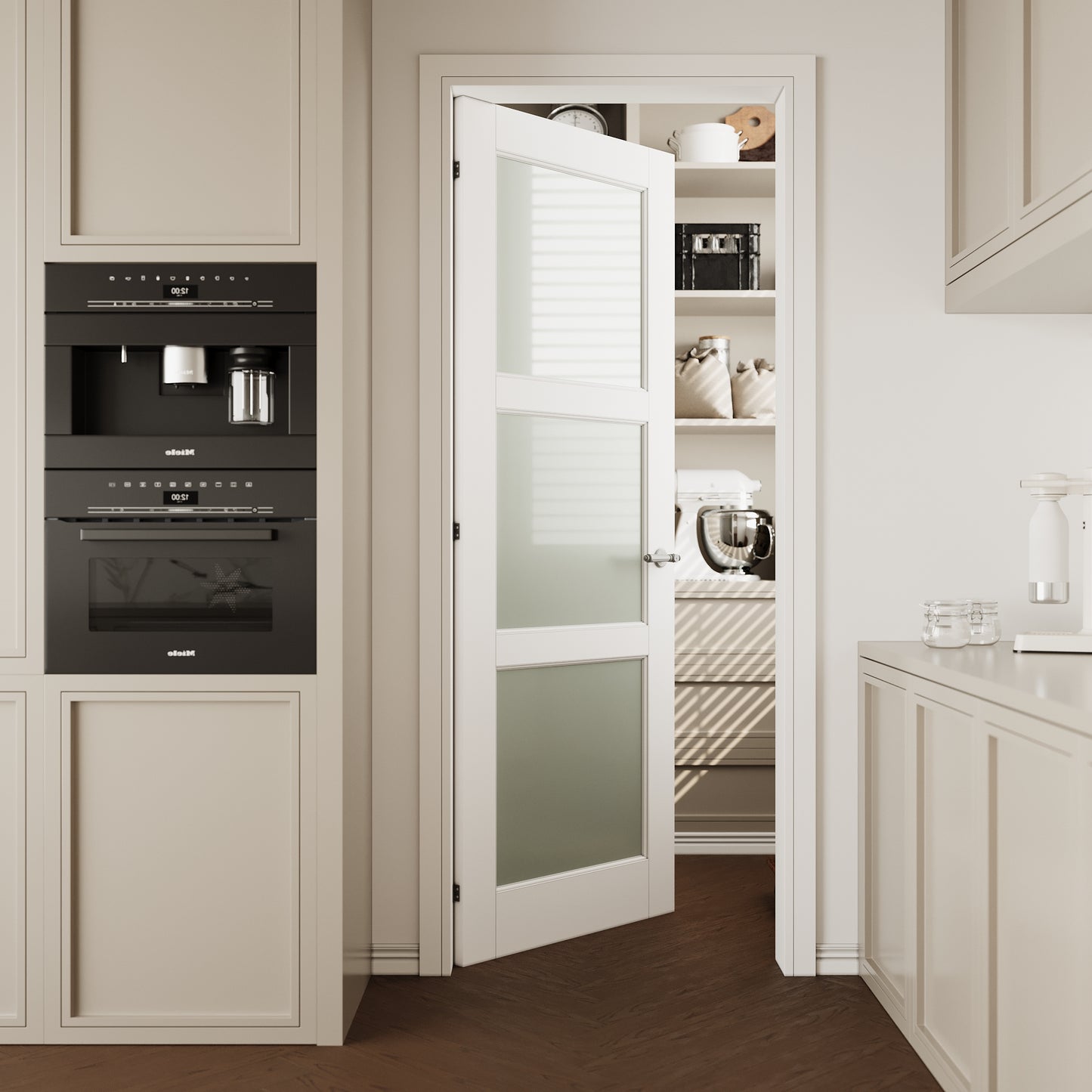 CRUTOP 3-Lite Frosted Glass Interior Slab Door, White Prefinished Door with/without Prehung Kit, Paintable