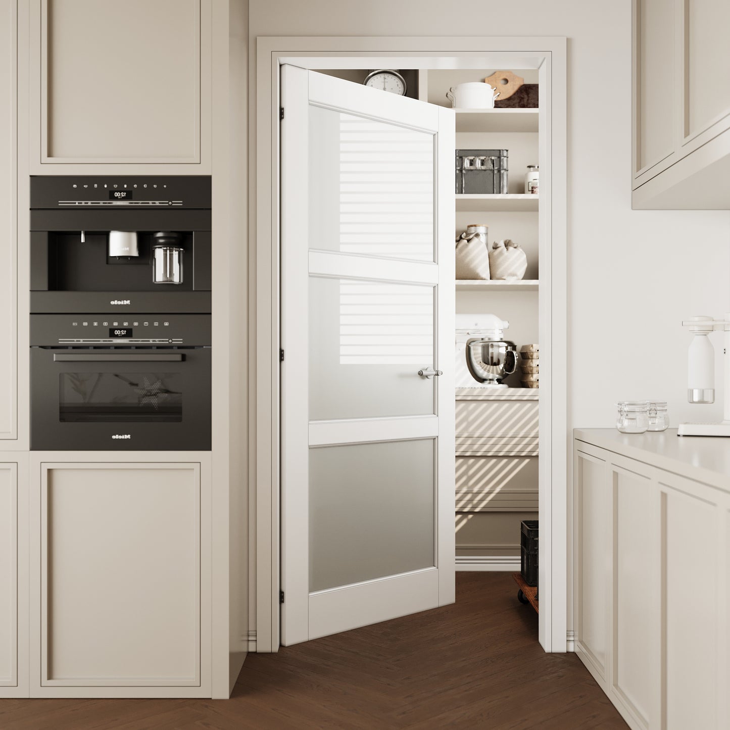 CRUTOP 3-Lite Frosted Glass Interior Slab Door, White Prefinished Door with/without Prehung Kit, Paintable