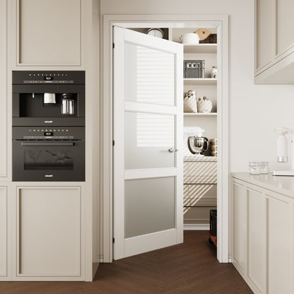 CRUTOP 3-Lite Frosted Glass Interior Slab Door, White Prefinished Door with/without Prehung Kit, Paintable