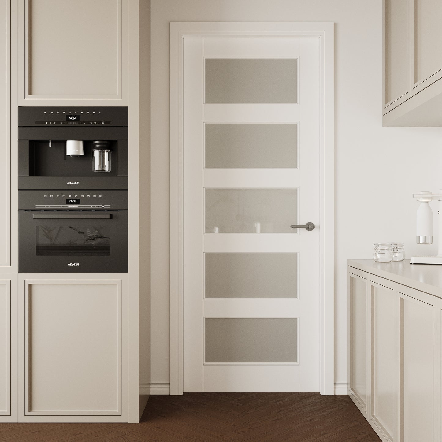 CRUTOP 5-Lite Frosted Glass Interior Slab Door, White Prefinished Door with/without Prehung Kit, Paintable