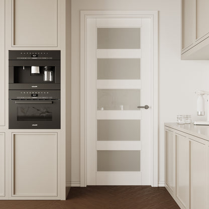 CRUTOP 5-Lite Frosted Glass Interior Slab Door, White Prefinished Door with/without Prehung Kit, Paintable