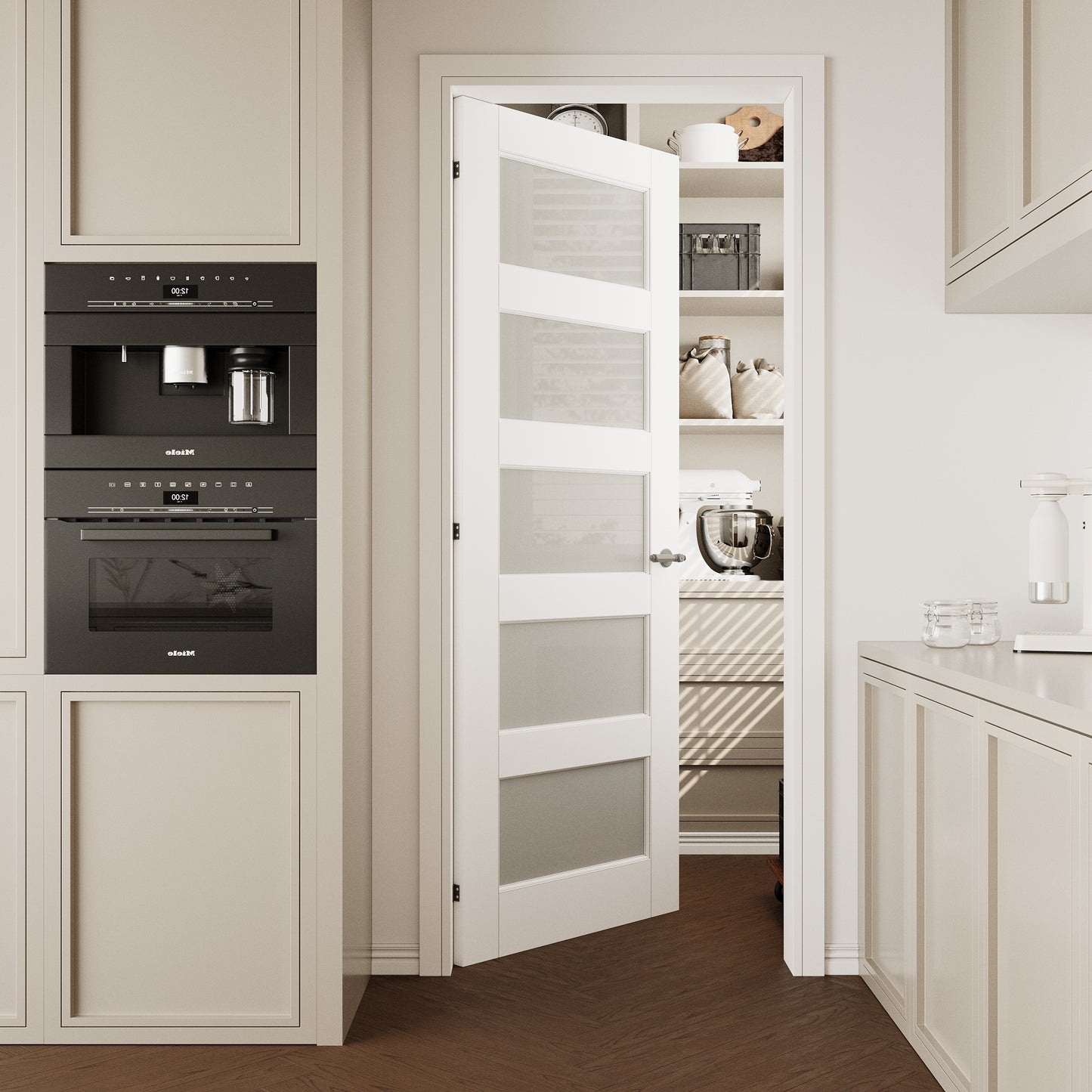 CRUTOP 5-Lite Frosted Glass Interior Slab Door, White Prefinished Door with/without Prehung Kit, Paintable