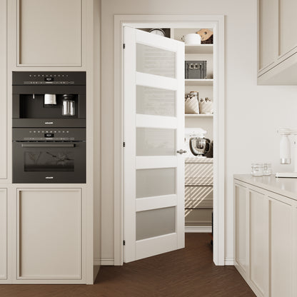 CRUTOP 5-Lite Frosted Glass Interior Slab Door, White Prefinished Door with/without Prehung Kit, Paintable