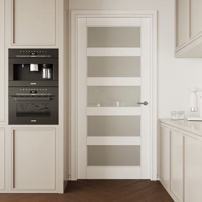 CRUTOP 5-Lite Frosted Glass Interior Slab Door, White Prefinished Door with/without Prehung Kit, Paintable