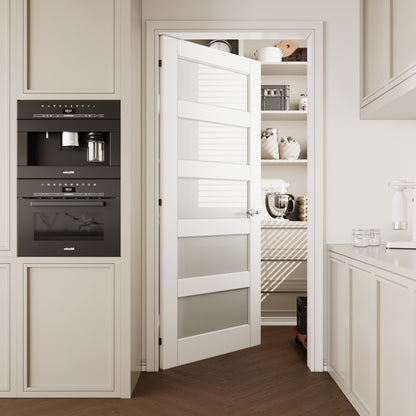 CRUTOP 5-Lite Frosted Glass Interior Slab Door, White Prefinished Door with/without Prehung Kit, Paintable
