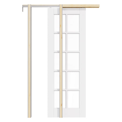 CRUTOP 10-Lite Clear Glass Pocket Door, White Interior Sliding Doors with Hardware Kit & Soft Close & Frame, Solid Core MDF Wood & Pre-Finished Paintable Surface