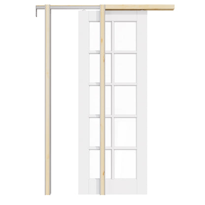 CRUTOP 10-Lite Clear Glass Pocket Door, White Interior Sliding Doors with Hardware Kit & Soft Close & Frame, Solid Core MDF Wood & Pre-Finished Paintable Surface