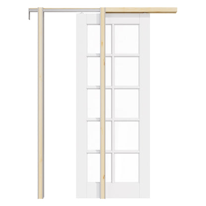 CRUTOP 10-Lite Clear Glass Pocket Door, White Interior Sliding Doors with Hardware Kit & Soft Close & Frame, Solid Core MDF Wood & Pre-Finished Paintable Surface