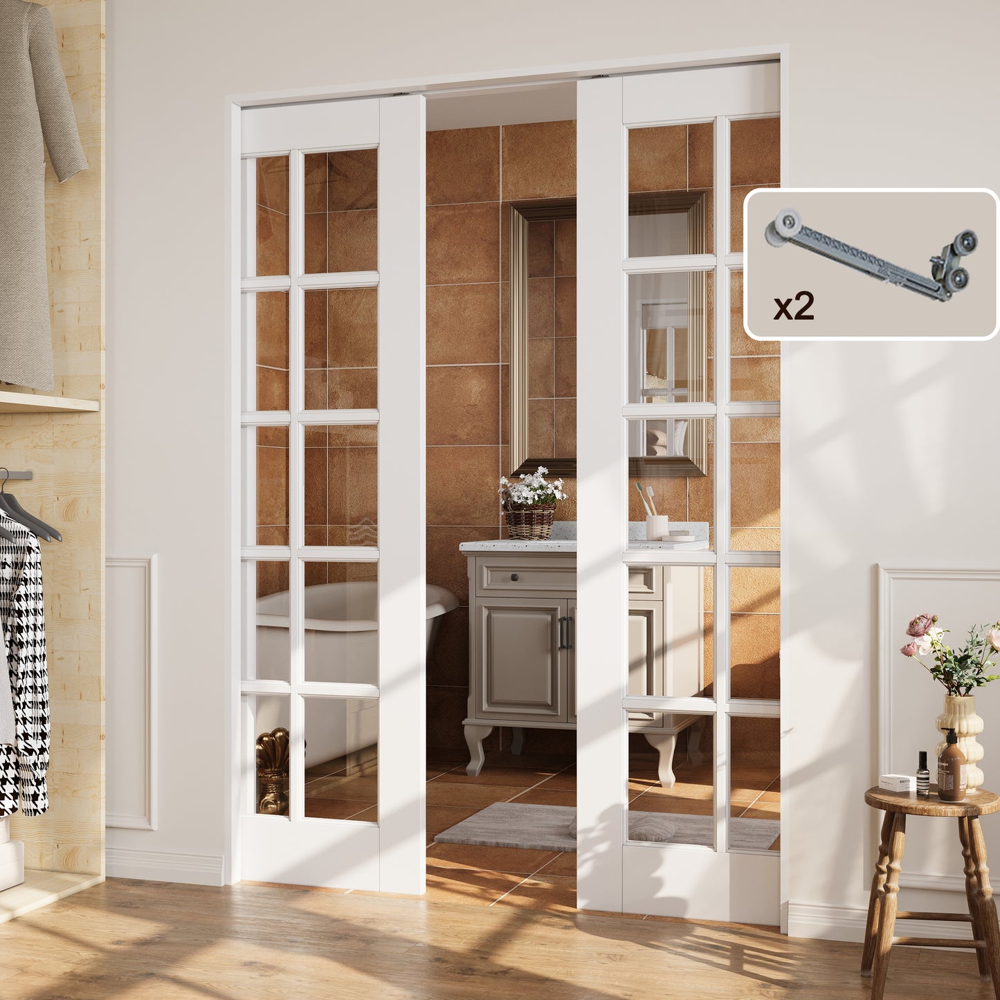 CRUTOP 10-Lite Clear Glass Pocket Door, White Interior Sliding Doors with Hardware Kit & Soft Close & Frame, Solid Core MDF Wood & Pre-Finished Paintable Surface