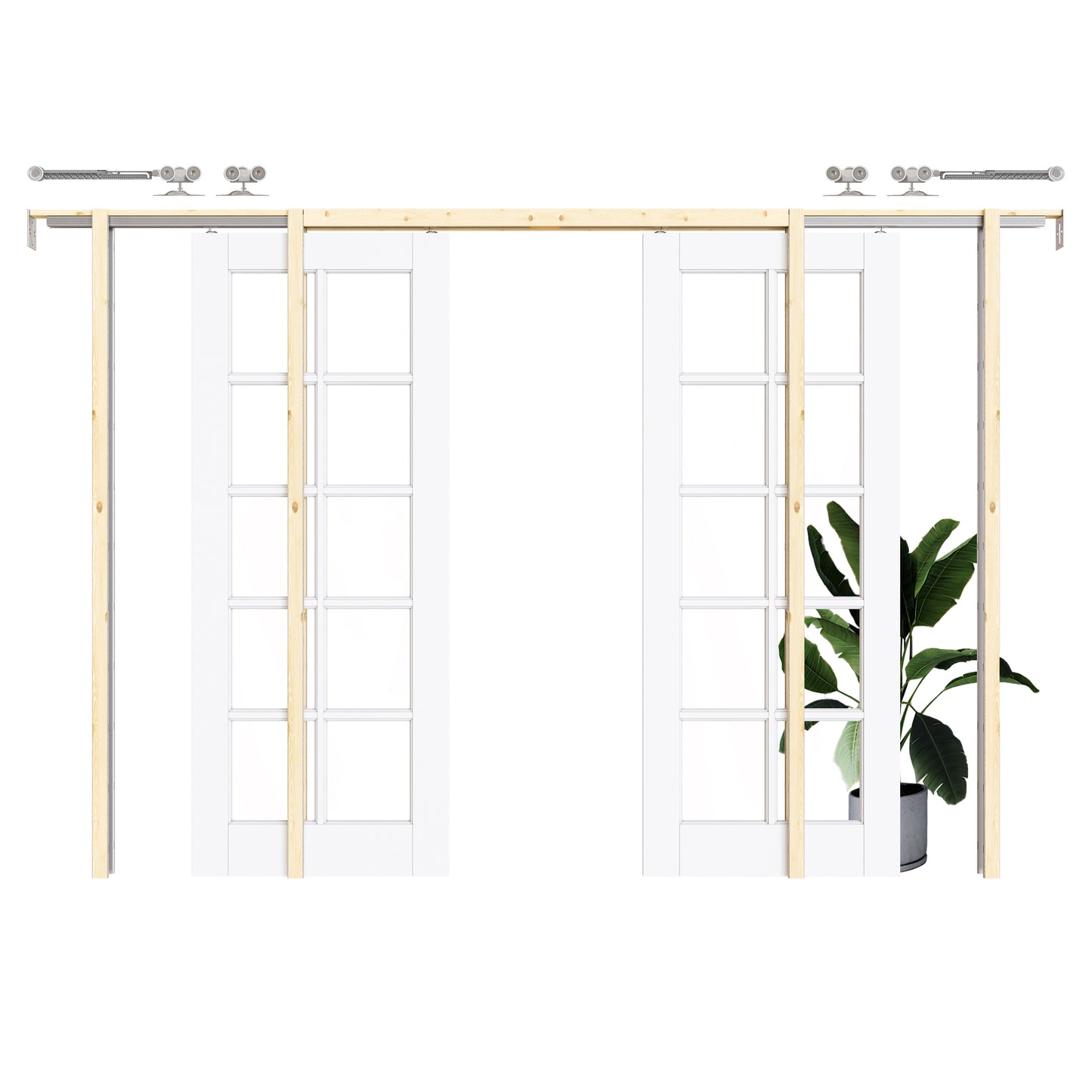 CRUTOP 10-Lite Clear Glass Pocket Door, White Interior Sliding Doors with Hardware Kit & Soft Close & Frame, Solid Core MDF Wood & Pre-Finished Paintable Surface
